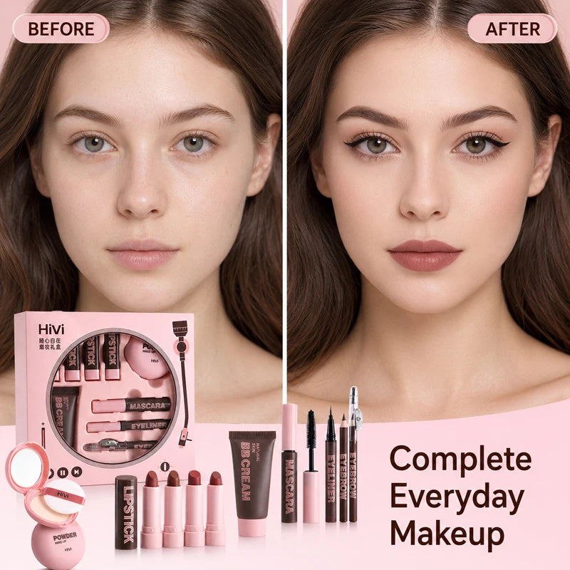 9-Piece All-In-One Complete Makeup Gift Set | Full Face Travel Beauty Box with Lipstick & Mascara