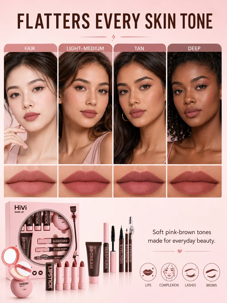 9-Piece All-In-One Complete Makeup Gift Set | Full Face Travel Beauty Box with Lipstick & Mascara