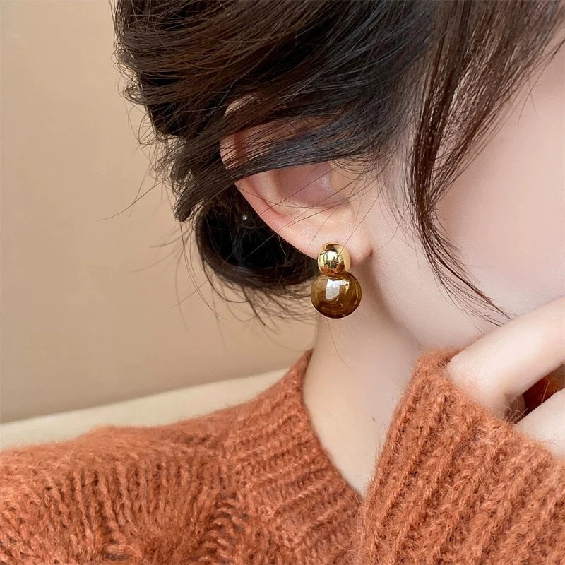 Melard Brown Tiger Eye Resin Drop Earrings – Vintage-Inspired Silver Needle Dangles