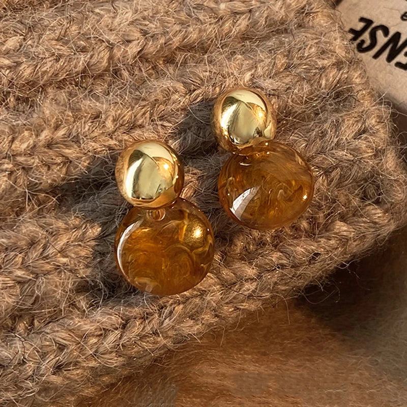 Melard Brown Tiger Eye Resin Drop Earrings – Vintage-Inspired Silver Needle Dangles