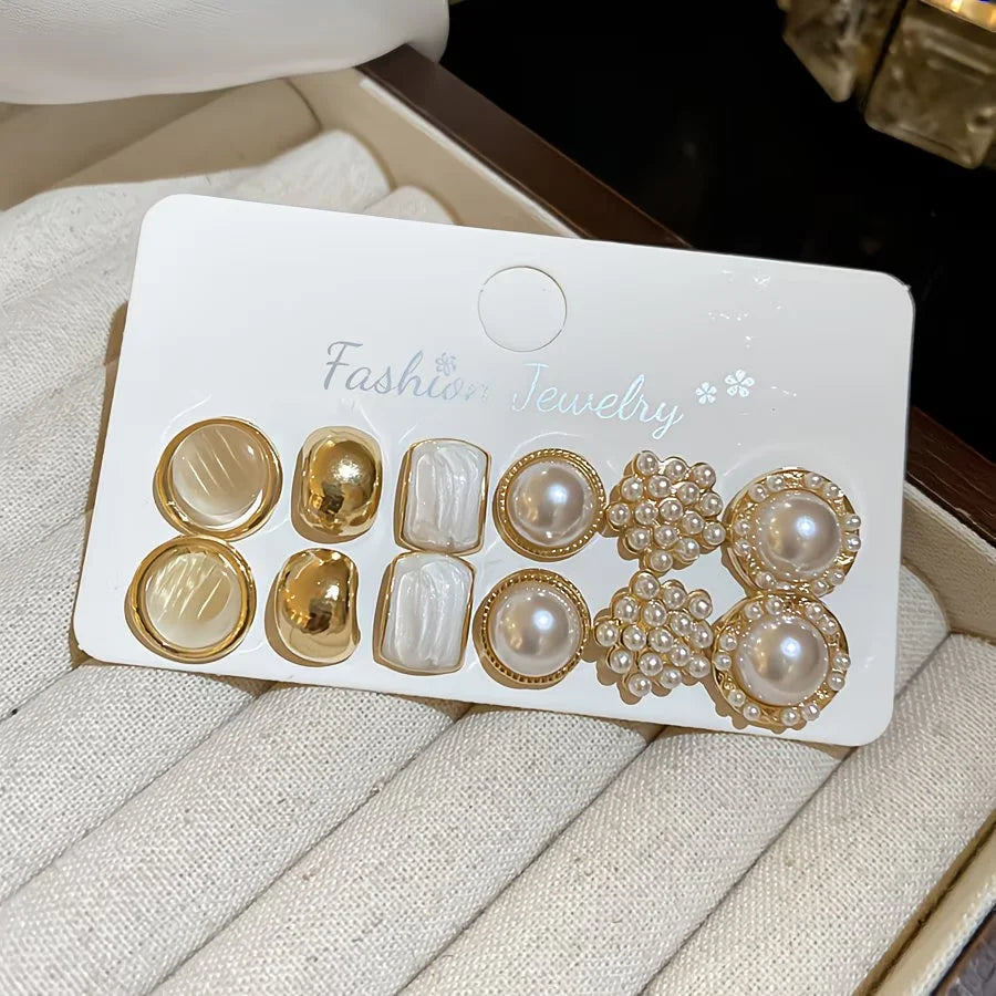 6 Pairs Enamel & Pearl Stud Earrings Set | Cat's Eye Stone & Dainty Minimalist Earrings