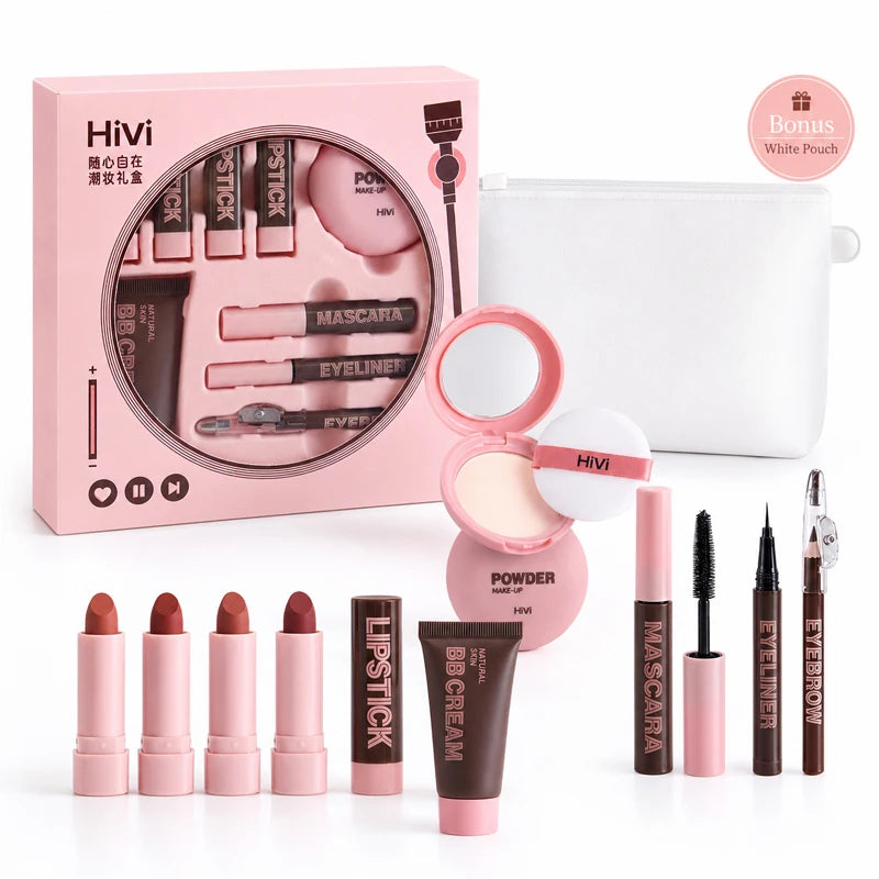 9-Piece All-In-One Complete Makeup Gift Set | Full Face Travel Beauty Box with Lipstick & Mascara