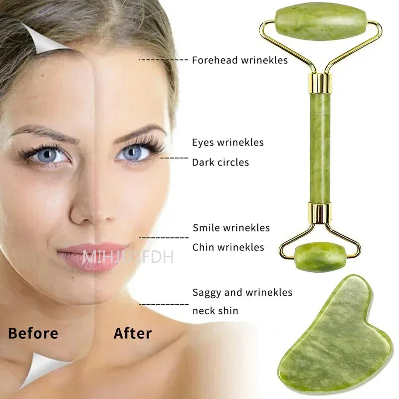 Natural Jade Roller & Gua Sha Set | Facial Massager & Anti-Wrinkle Lifting Tools