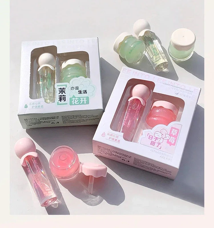 2Pcs Crystal Glass Lip Gloss & Hydrating Lip Mask Set – Non-Sticky Plumping Lip Care Duo