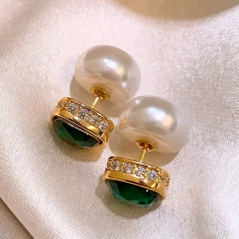 Retro Geometric Square Earrings with Emerald Green Zirconia Inlay | Vintage Ear Studs