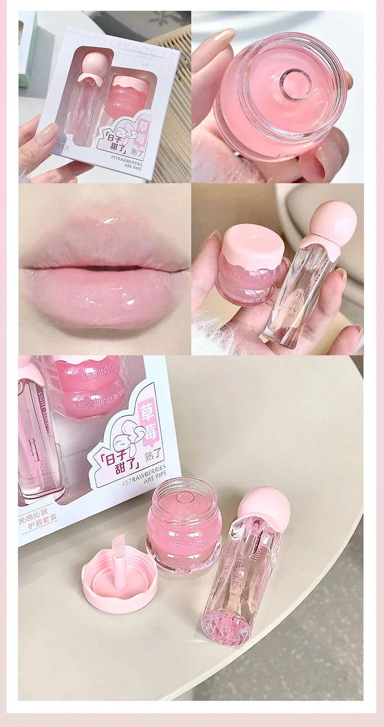 2Pcs Crystal Glass Lip Gloss & Hydrating Lip Mask Set – Non-Sticky Plumping Lip Care Duo