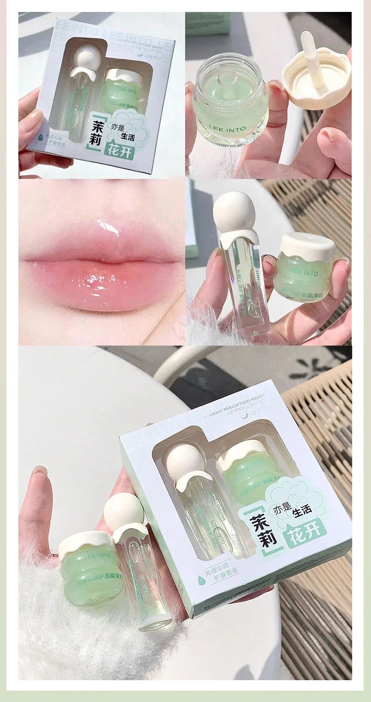 2Pcs Crystal Glass Lip Gloss & Hydrating Lip Mask Set – Non-Sticky Plumping Lip Care Duo