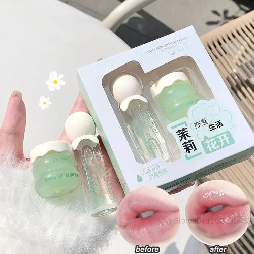 2Pcs Crystal Glass Lip Gloss & Hydrating Lip Mask Set – Non-Sticky Plumping Lip Care Duo