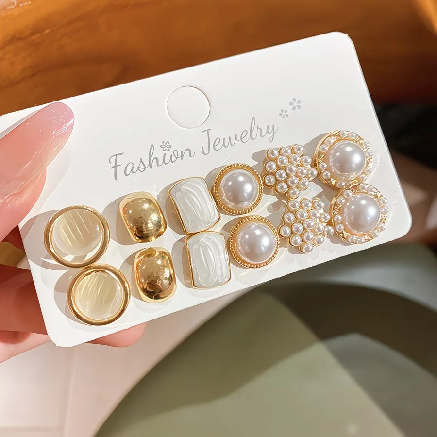 6 Pairs Enamel & Pearl Stud Earrings Set | Cat's Eye Stone & Dainty Minimalist Earrings