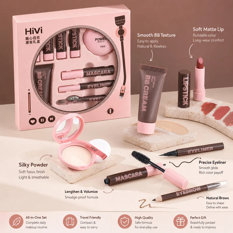 9-Piece All-In-One Complete Makeup Gift Set | Full Face Travel Beauty Box with Lipstick & Mascara