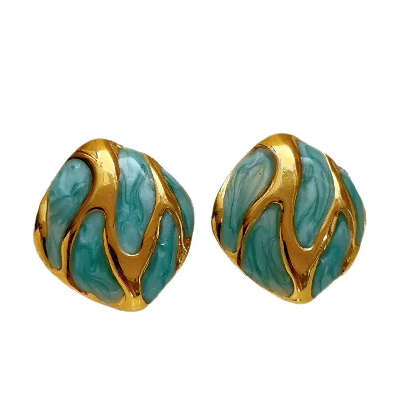 Vintage Gold Resin Teardrop Stud Earrings – Stainless Steel Oval Charm Earrings