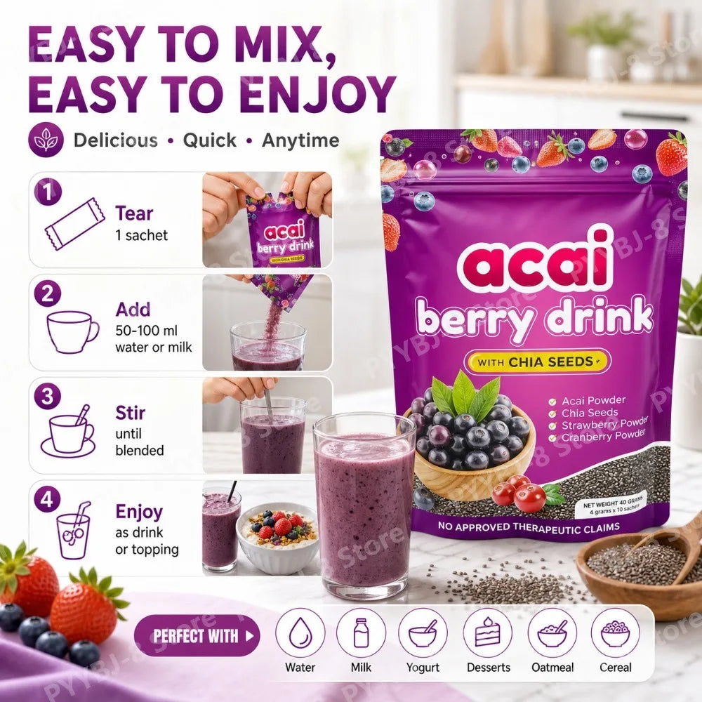 Acai Berry Powder 10packs Per Bag with Chia Seeds and 7 Types of Berry Powders For Weight Management