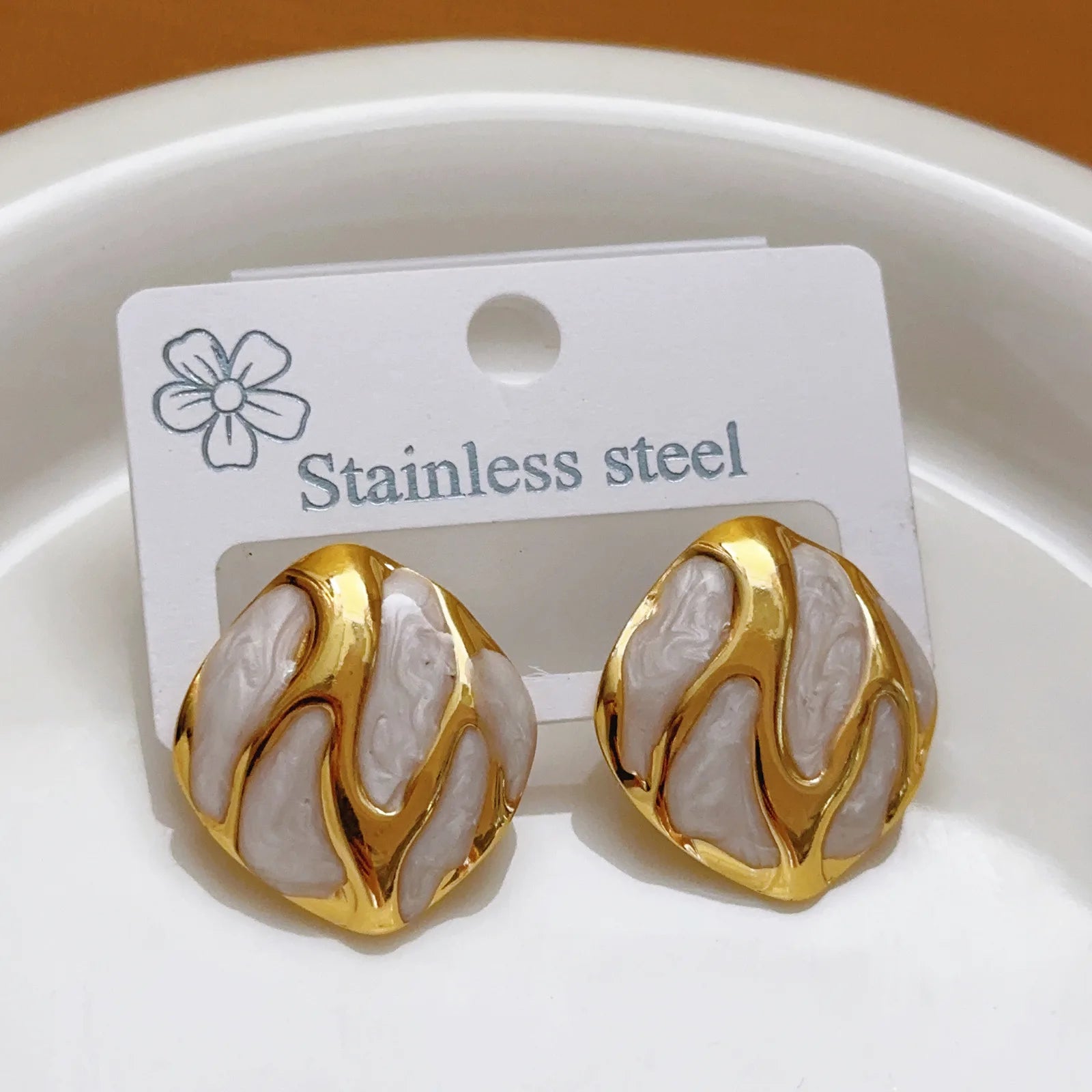 Vintage Gold Resin Teardrop Stud Earrings – Stainless Steel Oval Charm Earrings