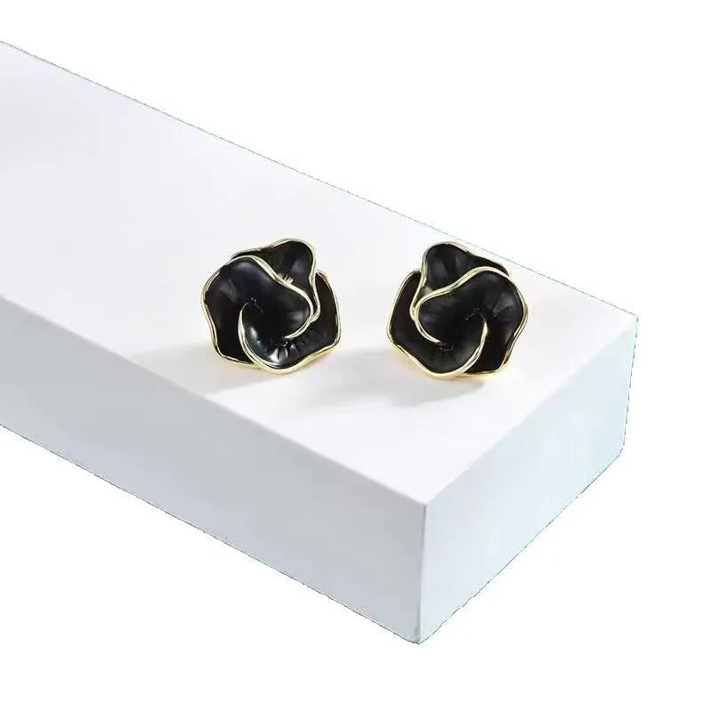 Enamel Camellia Flower Stud Earrings – French Chic Black & White Jewelry