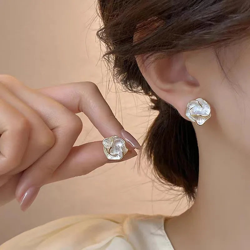 Enamel Camellia Flower Stud Earrings – French Chic Black & White Jewelry