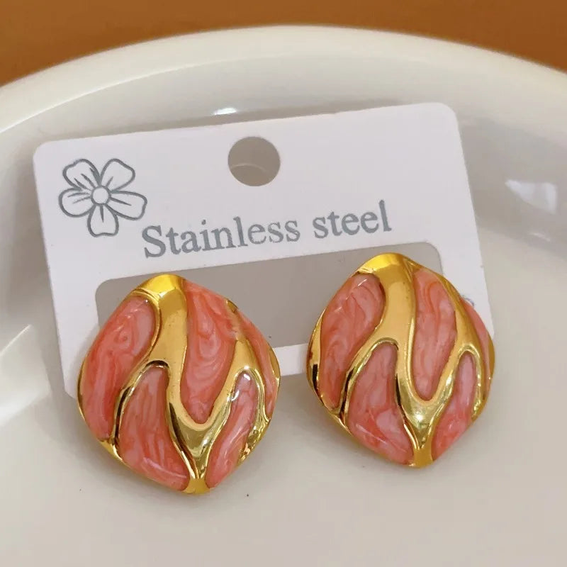 Vintage Gold Resin Teardrop Stud Earrings – Stainless Steel Oval Charm Earrings