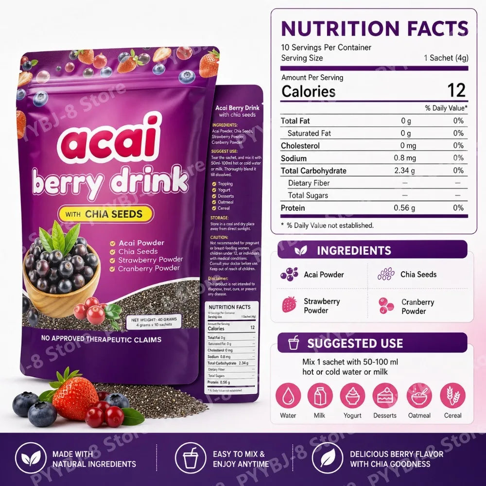 Acai Berry Powder 10packs Per Bag with Chia Seeds and 7 Types of Berry Powders For Weight Management