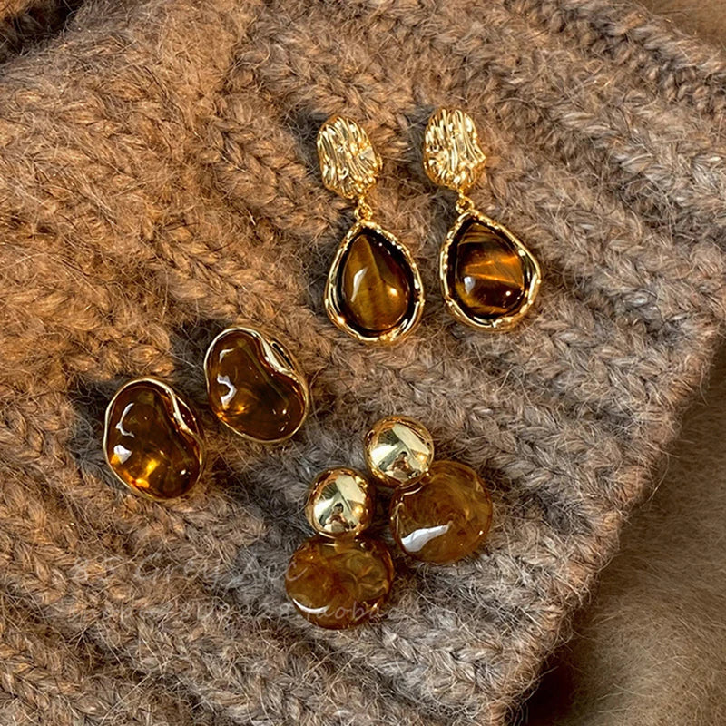 Melard Brown Tiger Eye Resin Drop Earrings – Vintage-Inspired Silver Needle Dangles