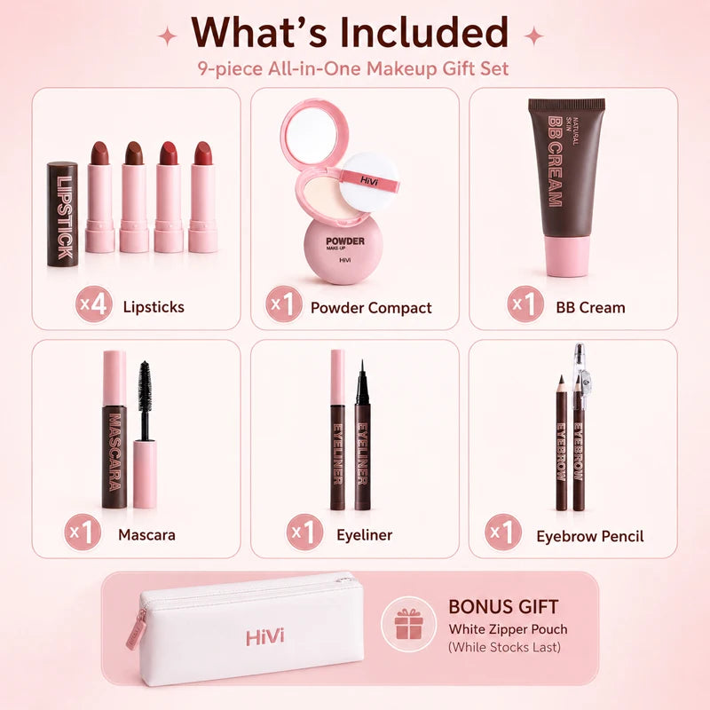 9-Piece All-In-One Complete Makeup Gift Set | Full Face Travel Beauty Box with Lipstick & Mascara