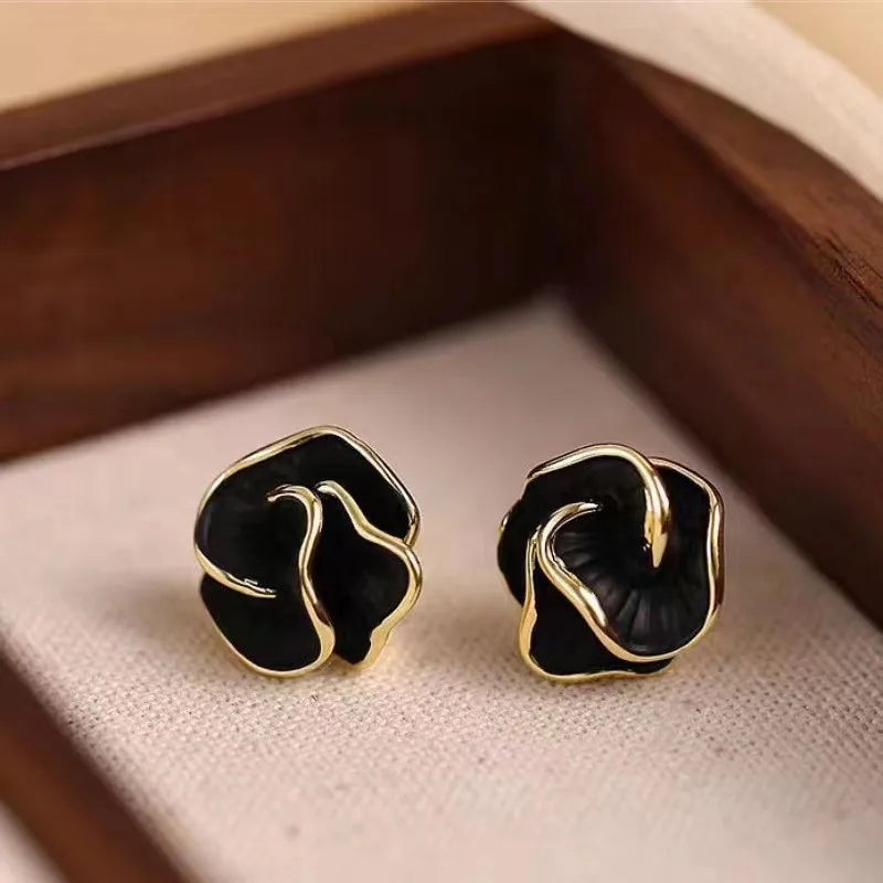 Enamel Camellia Flower Stud Earrings – French Chic Black & White Jewelry