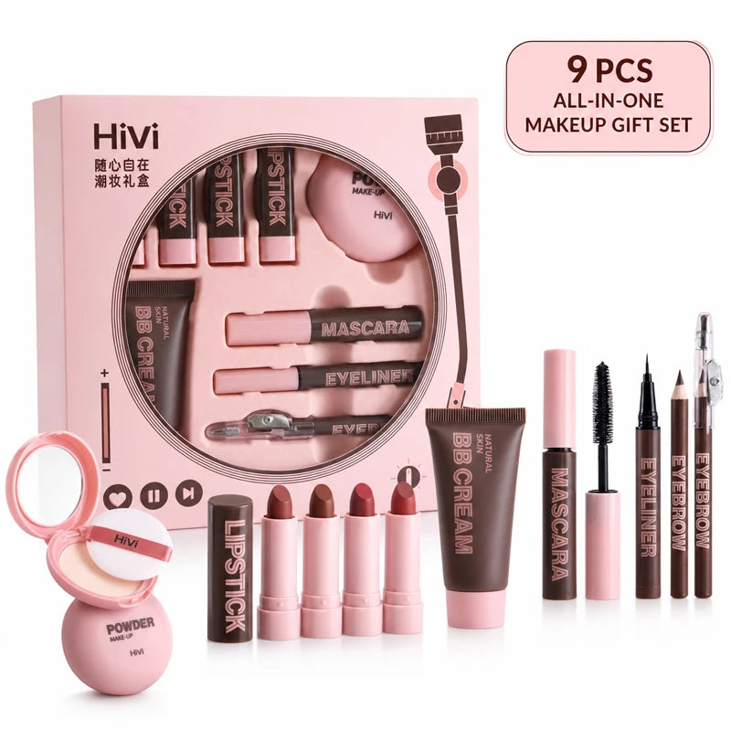9-Piece All-In-One Complete Makeup Gift Set | Full Face Travel Beauty Box with Lipstick & Mascara