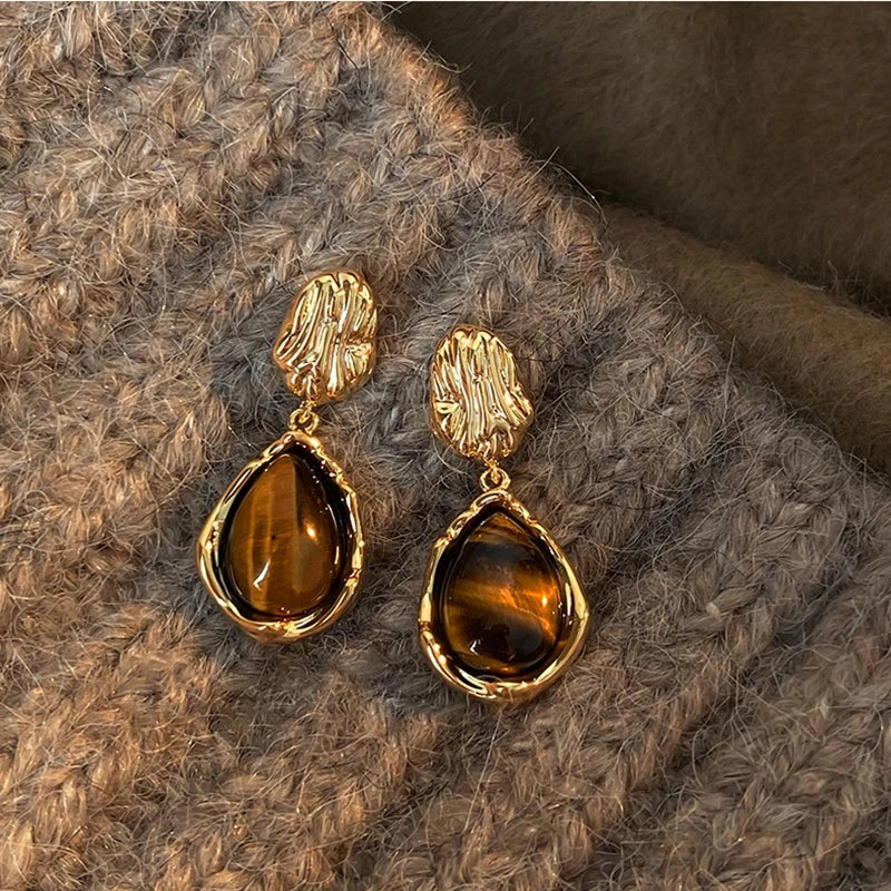 Melard Brown Tiger Eye Resin Drop Earrings – Vintage-Inspired Silver Needle Dangles