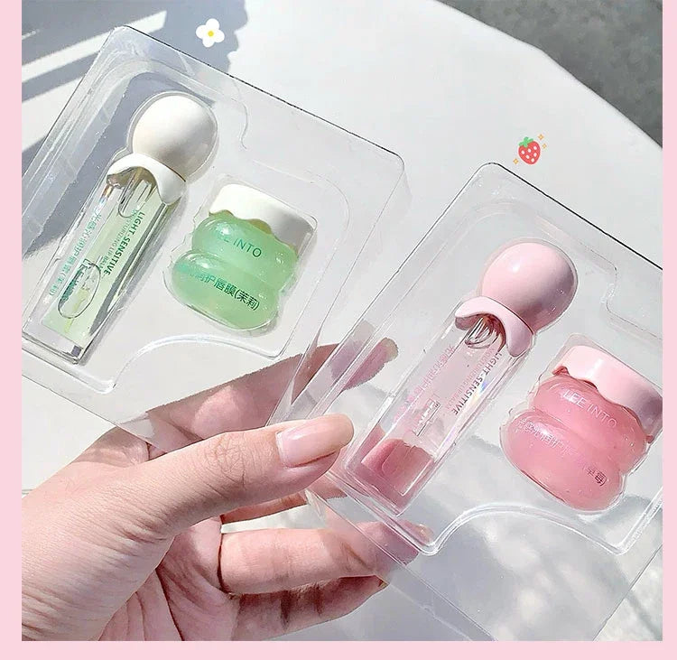 2Pcs Crystal Glass Lip Gloss & Hydrating Lip Mask Set – Non-Sticky Plumping Lip Care Duo
