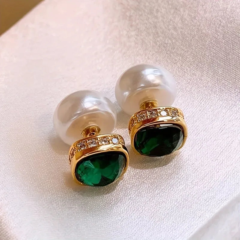 Retro Geometric Square Earrings with Emerald Green Zirconia Inlay | Vintage Ear Studs