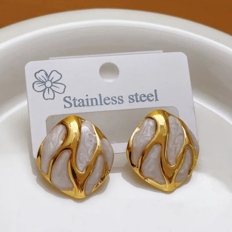 Vintage Gold Resin Teardrop Stud Earrings – Stainless Steel Oval Charm Earrings