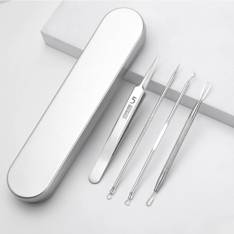 Professional Stainless Steel Blackhead Removal Set (4–5 Pcs) – Acne Needles & Precision Tweezers