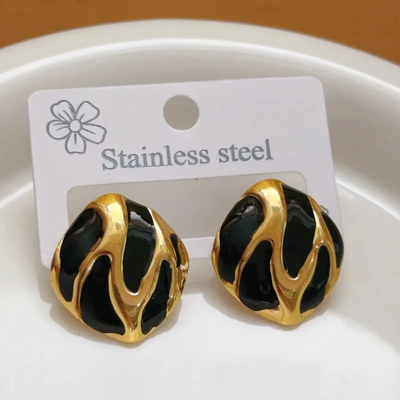 Vintage Gold Resin Teardrop Stud Earrings – Stainless Steel Oval Charm Earrings
