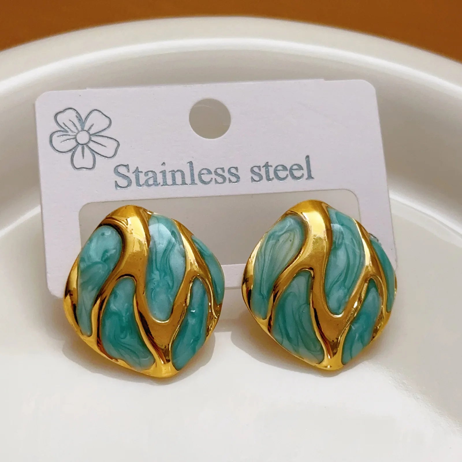 Vintage Gold Resin Teardrop Stud Earrings – Stainless Steel Oval Charm Earrings
