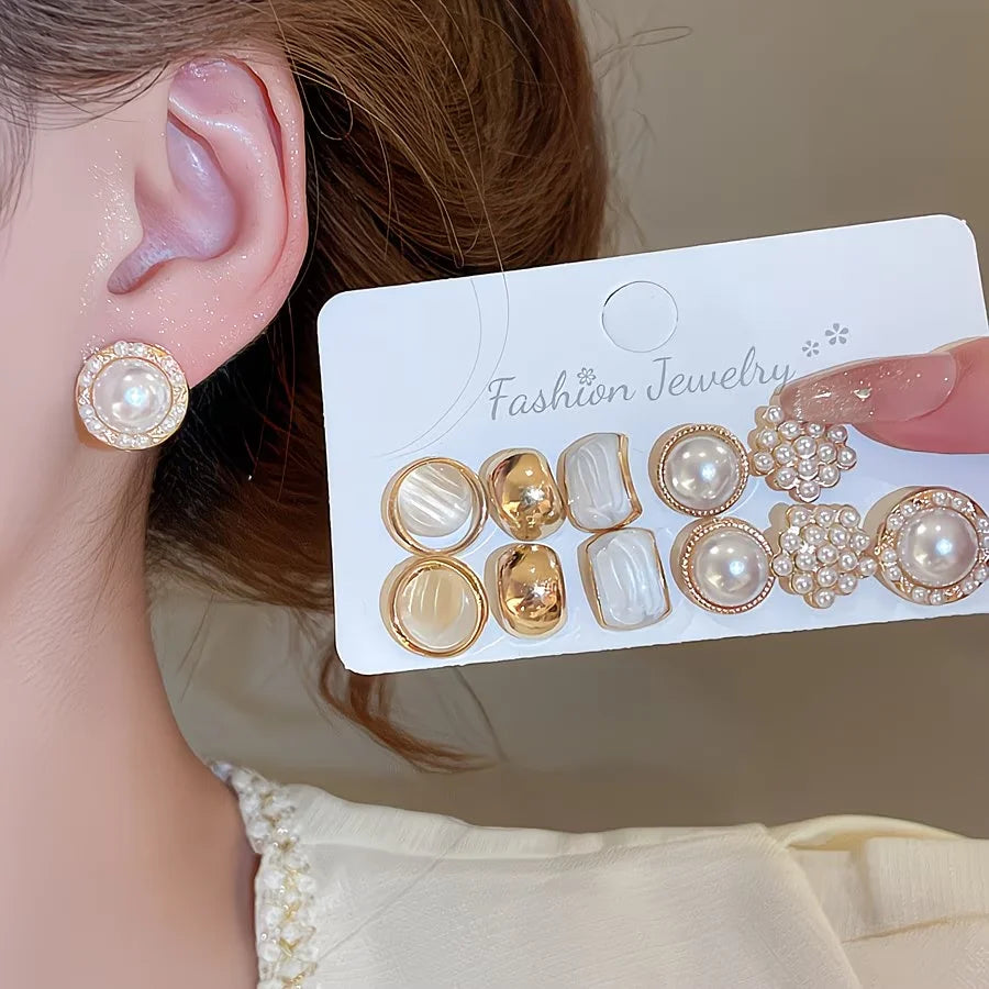 6 Pairs Enamel & Pearl Stud Earrings Set | Cat's Eye Stone & Dainty Minimalist Earrings
