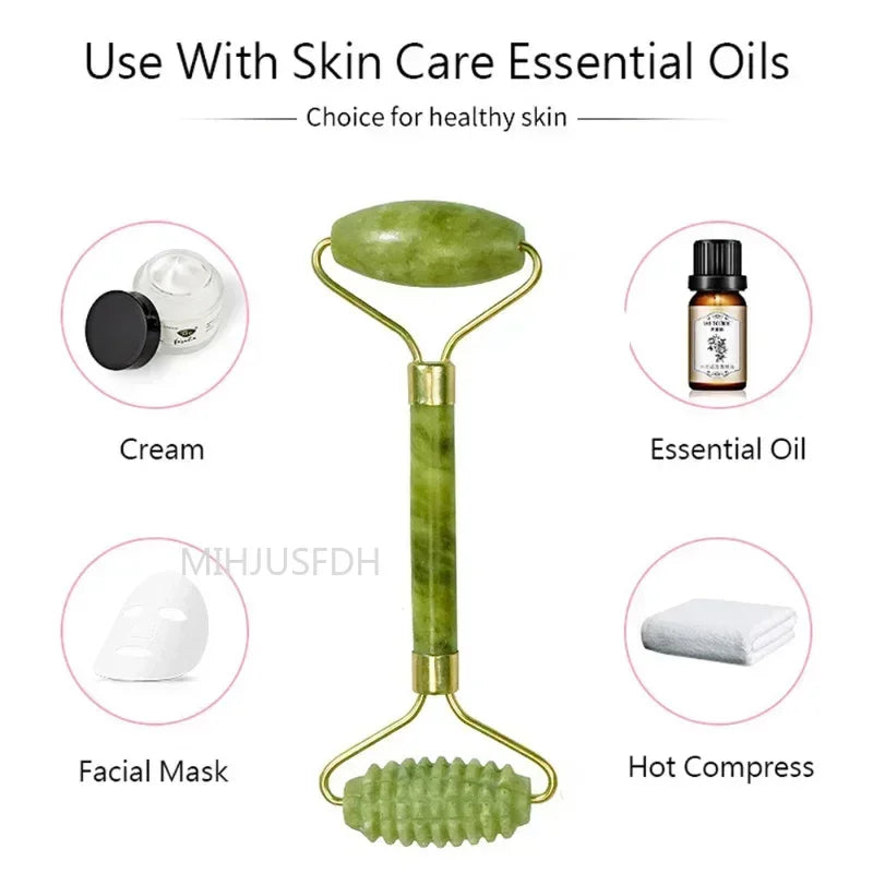 Natural Jade Roller & Gua Sha Set | Facial Massager & Anti-Wrinkle Lifting Tools