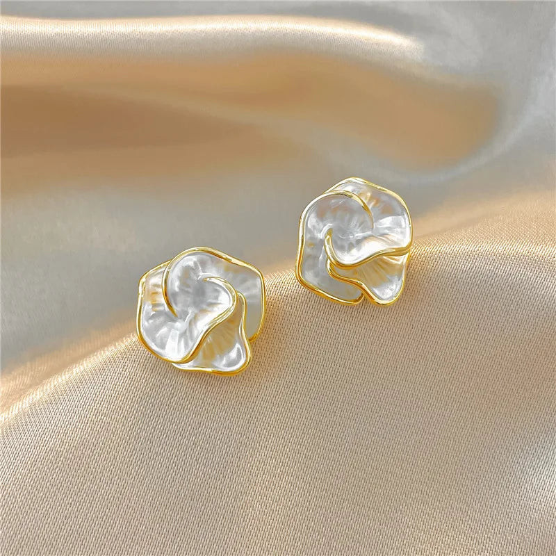 Enamel Camellia Flower Stud Earrings – French Chic Black & White Jewelry