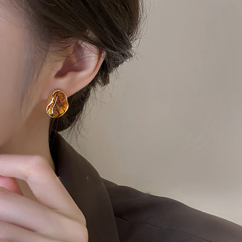Melard Brown Tiger Eye Resin Drop Earrings – Vintage-Inspired Silver Needle Dangles