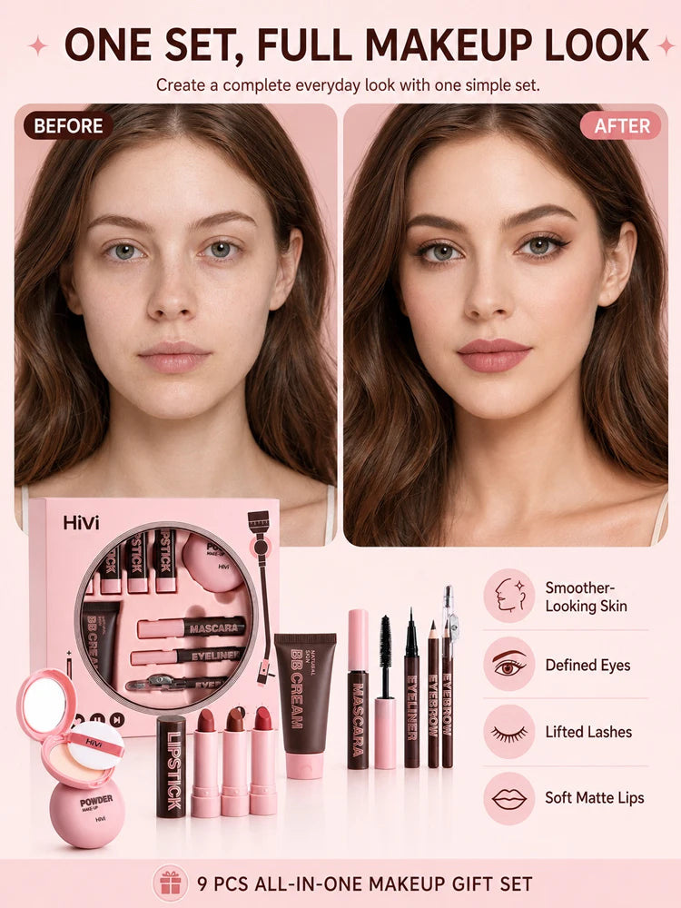 9-Piece All-In-One Complete Makeup Gift Set | Full Face Travel Beauty Box with Lipstick & Mascara