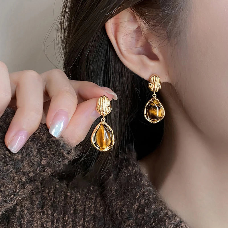Melard Brown Tiger Eye Resin Drop Earrings – Vintage-Inspired Silver Needle Dangles