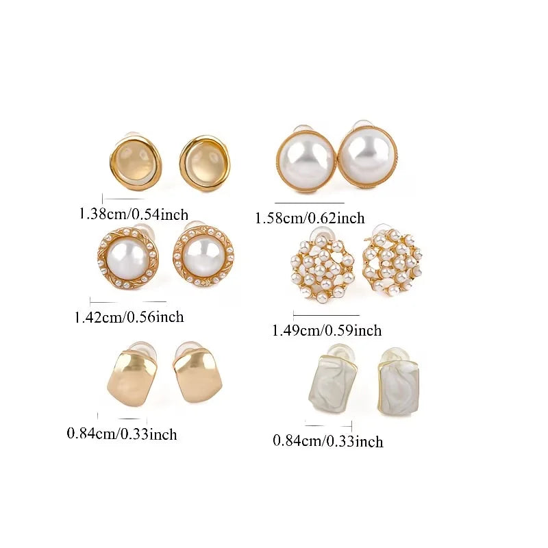 6 Pairs Enamel & Pearl Stud Earrings Set | Cat's Eye Stone & Dainty Minimalist Earrings