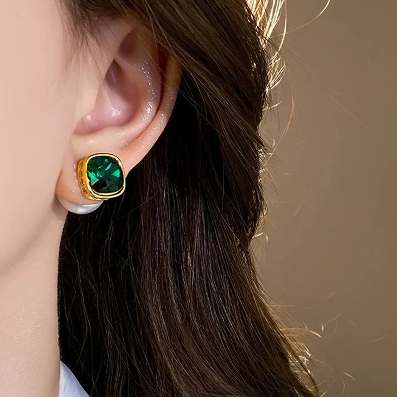 Retro Geometric Square Earrings with Emerald Green Zirconia Inlay | Vintage Ear Studs