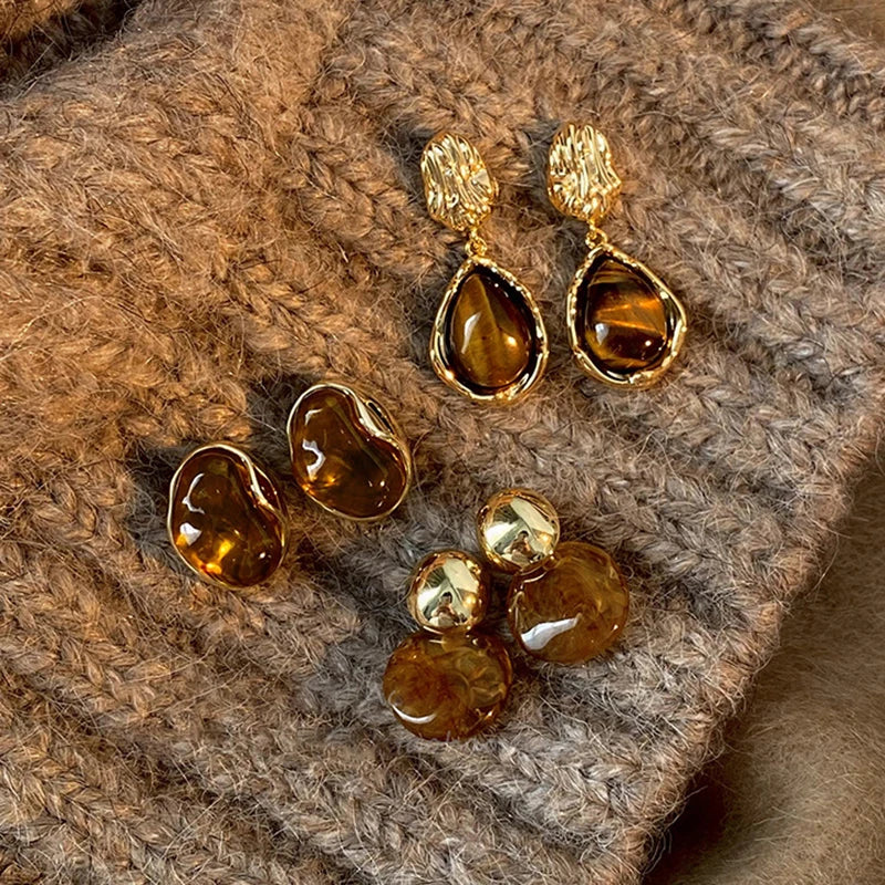 Melard Brown Tiger Eye Resin Drop Earrings – Vintage-Inspired Silver Needle Dangles