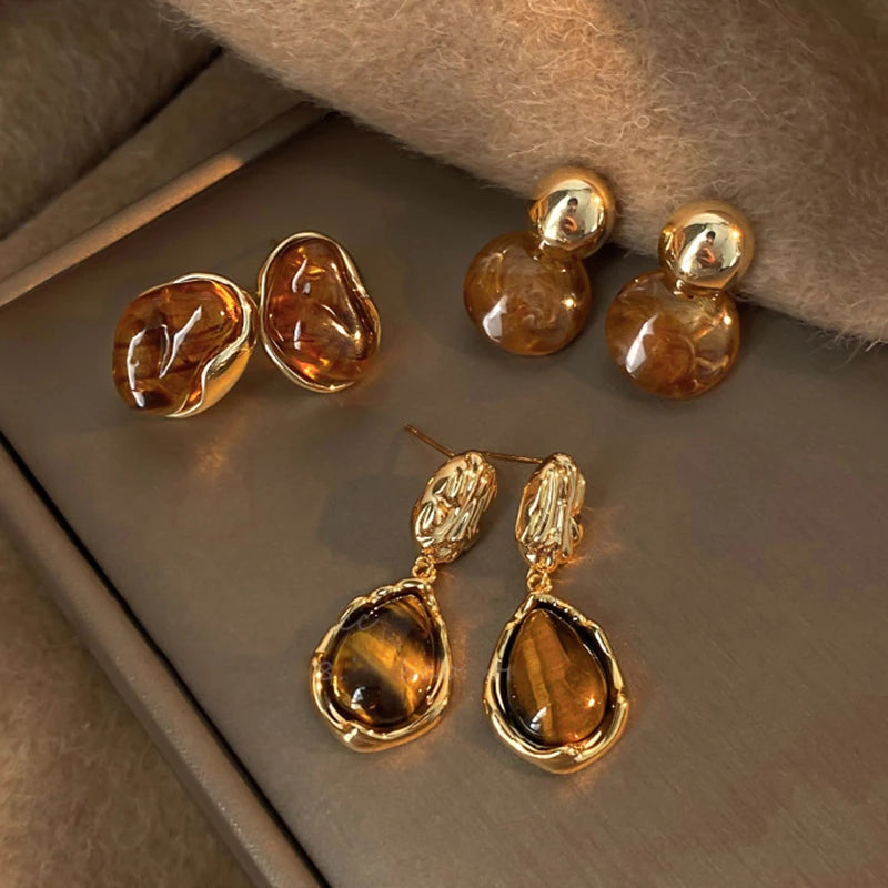 Melard Brown Tiger Eye Resin Drop Earrings – Vintage-Inspired Silver Needle Dangles