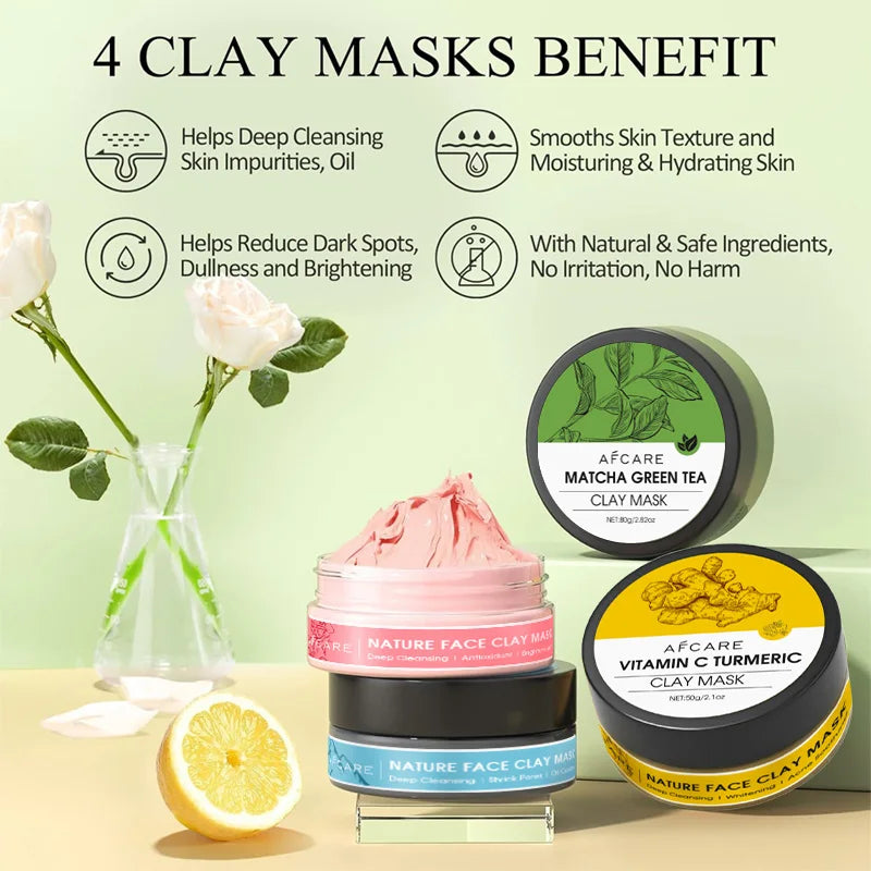 4-Piece Clay Facial Mask Set (320g) | Turmeric, Green Tea, Dead Sea Mud & Rose Clay