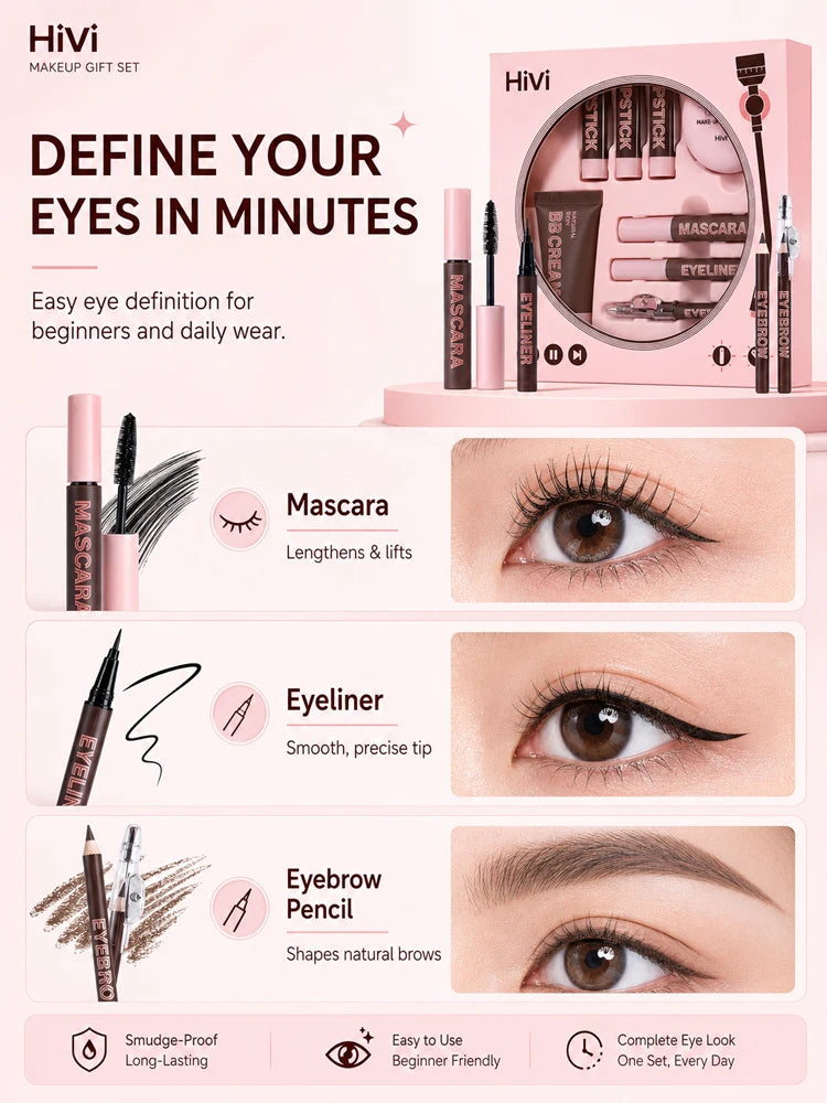 9-Piece All-In-One Complete Makeup Gift Set | Full Face Travel Beauty Box with Lipstick & Mascara