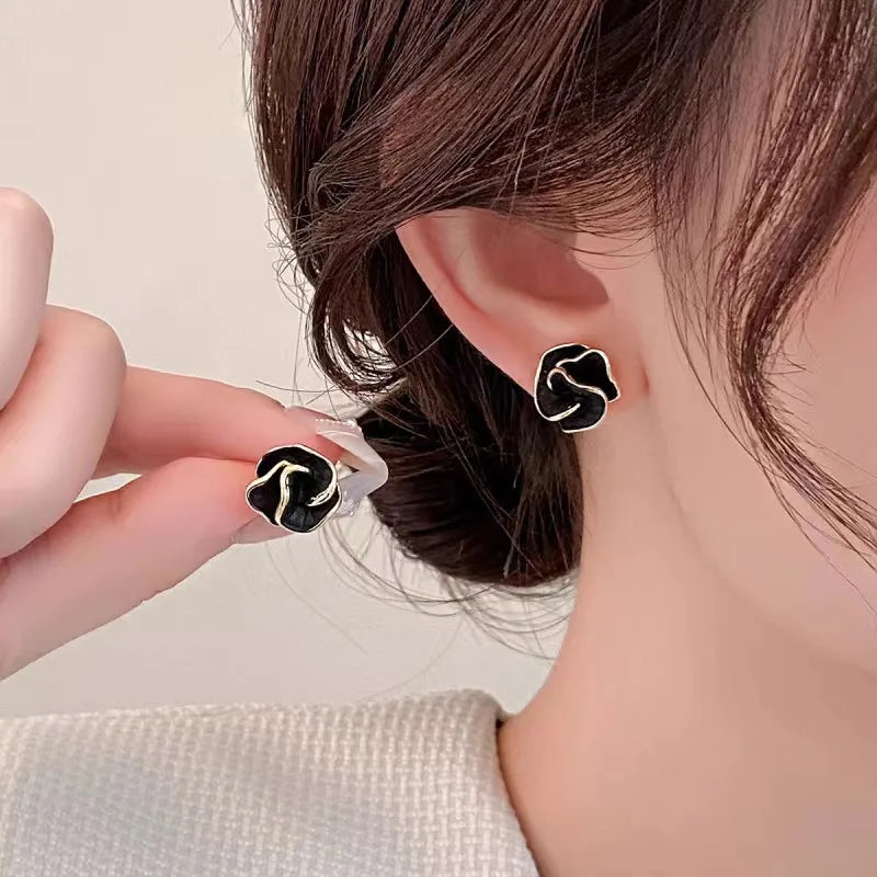 Enamel Camellia Flower Stud Earrings – French Chic Black & White Jewelry
