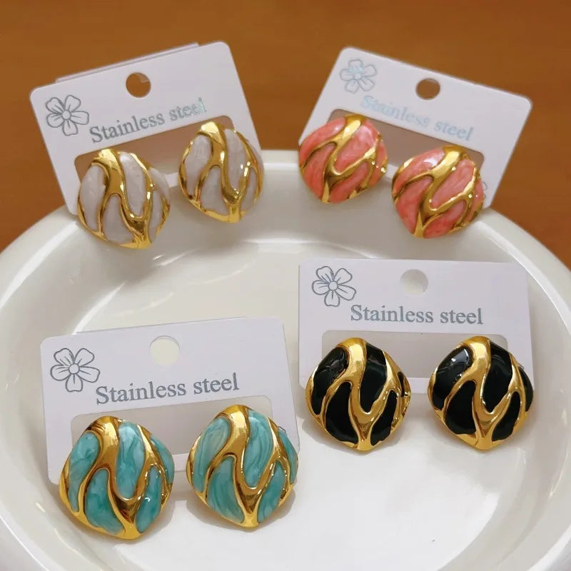 Vintage Gold Resin Teardrop Stud Earrings – Stainless Steel Oval Charm Earrings