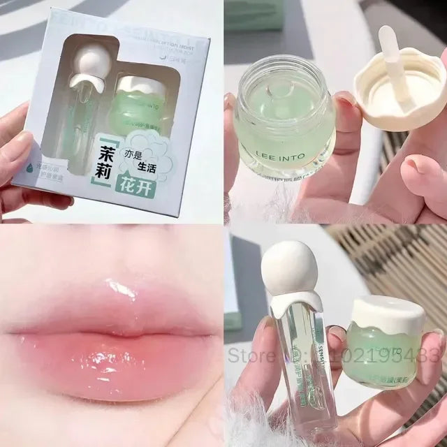 2Pcs Crystal Glass Lip Gloss & Hydrating Lip Mask Set – Non-Sticky Plumping Lip Care Duo