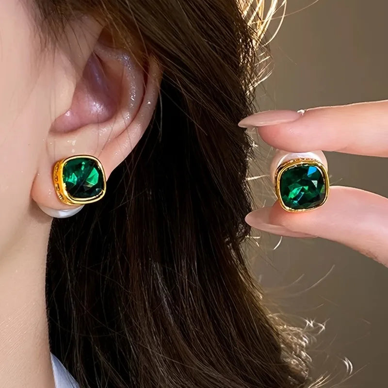 Retro Geometric Square Earrings with Emerald Green Zirconia Inlay | Vintage Ear Studs