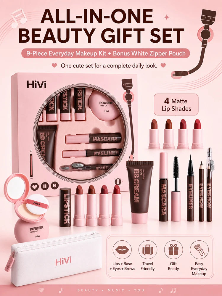 9-Piece All-In-One Complete Makeup Gift Set | Full Face Travel Beauty Box with Lipstick & Mascara