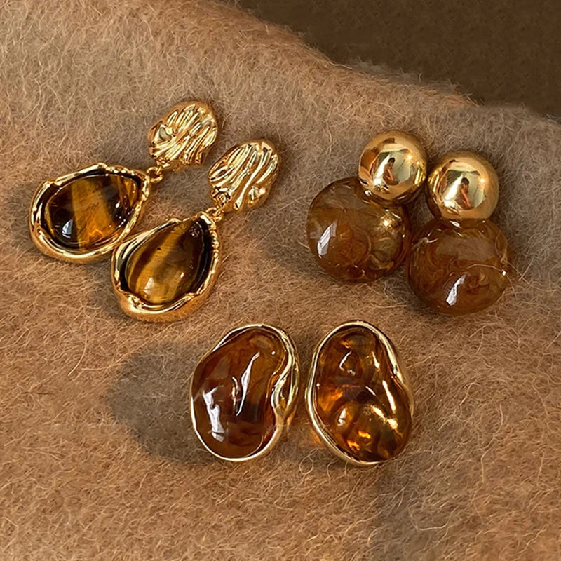 Melard Brown Tiger Eye Resin Drop Earrings – Vintage-Inspired Silver Needle Dangles